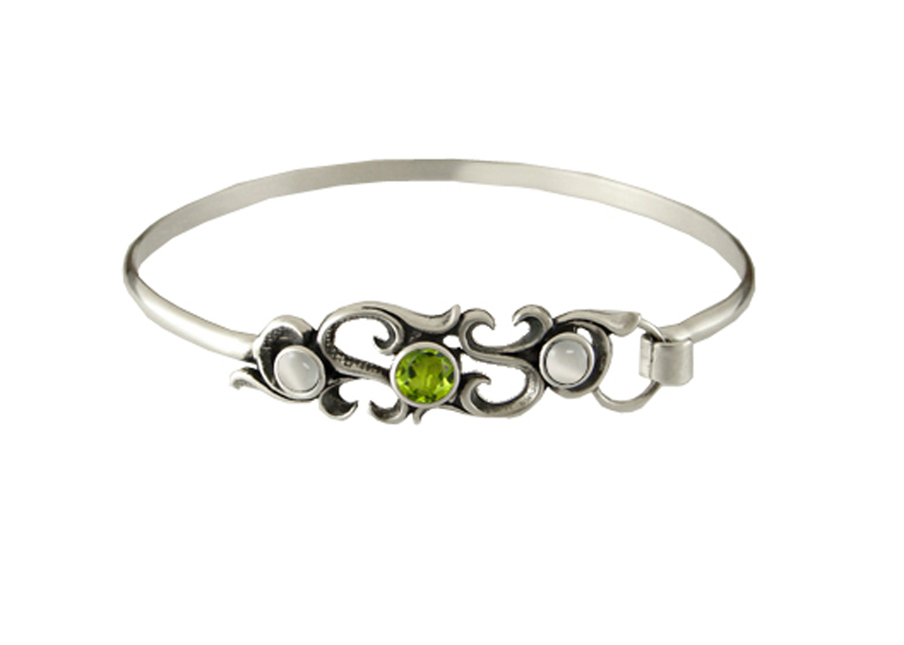 Sterling Silver Filigree Strap Latch Spring Hook Bangle Bracelet With Peridot And White Moonstone